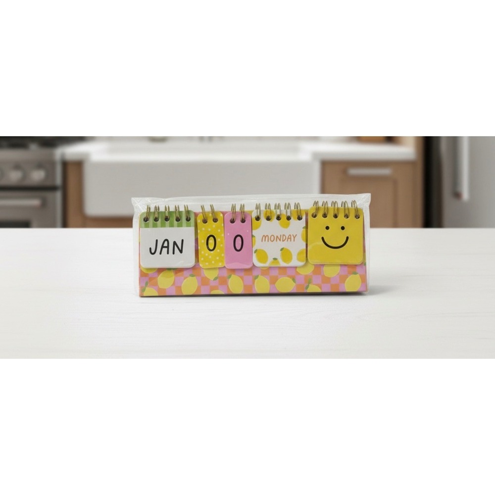 Perpetual Flip Calendar Lemon Checkerboard Smiley Face Desktop Decor New